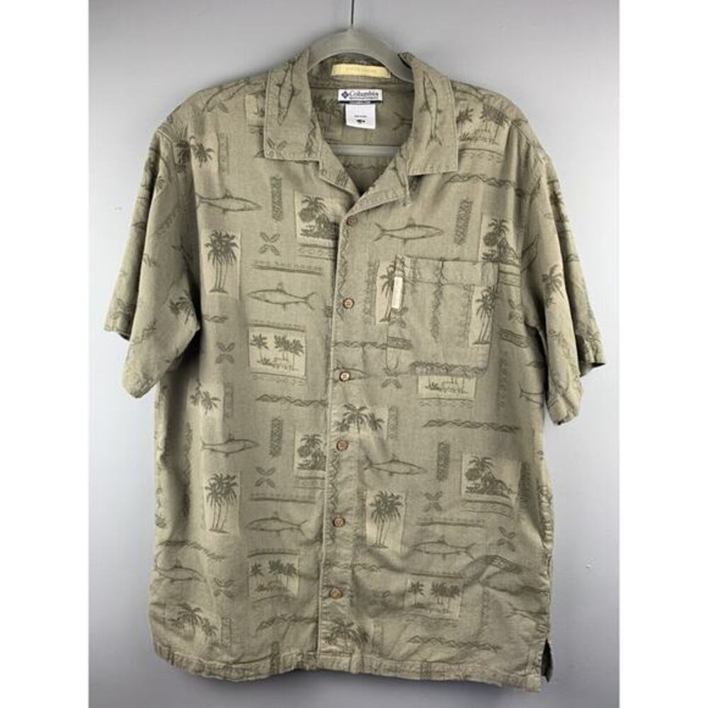 Columbia River Lodge Shirt‎ Large Mens Button Up Fish Shark Palm Trees Island